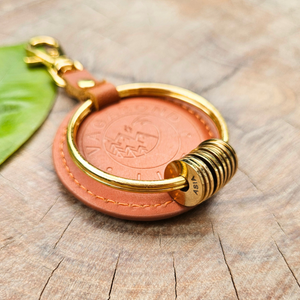 Brown Leather Keychain - Gold
