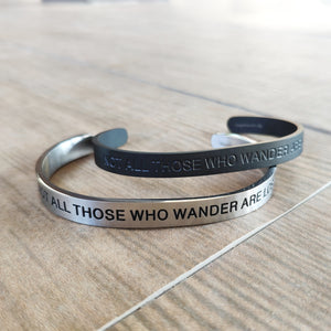 Mantra quote bracelet for men - Not all those who wander are lost - Silver or Matte Black - Travel Gift - Vagabond Life
