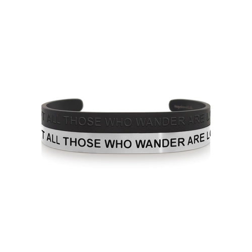 Mantra quote bracelet for men - Not all those who wander are lost - Silver or Matte Black - Travel Gift - Vagabond Life
